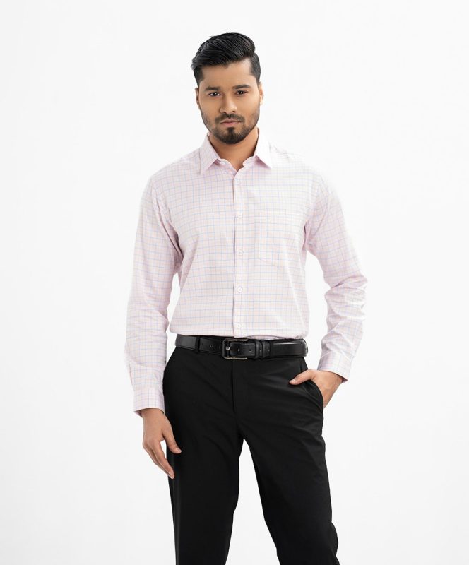 Pink Cotton Check Long Sleeve Formal Shirt